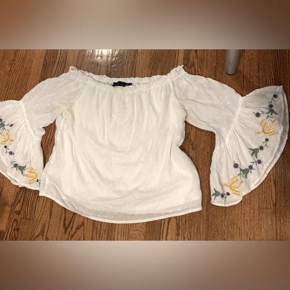 🇨🇭summery Swiss dot cotton blouse with flared embroidered sleeves - Picture 2 of 4